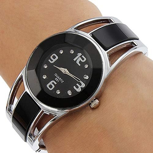 Holrea Women Fashion Wrist Watch, Opening End Quartz Analog Round Case Bracelet Bangle Quartz Wrist Watch Elegant Dress Bangle Cuff Wristwatch Gift for Women Girls Black