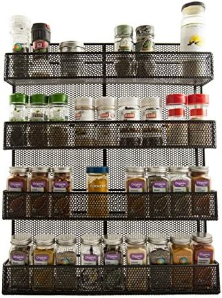 Yohino Wall Mounted Rustic 4 Tier Spice Rack - Kitchen Storage Organizer for Seasoning and Herb Jars