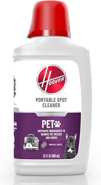 HOOVER PET PORTABLE SPOT CLEANER SOLUTION, 32 OZ., TROPICAL BREEZE SCENT, UPHOLSTERY AND CARPET SHAMPOO SOLUTION, ELIMINATES PET MESSES AND ODORS, DESIGNED FOR HOOVER CLEANSLATE SPOT CLEANER