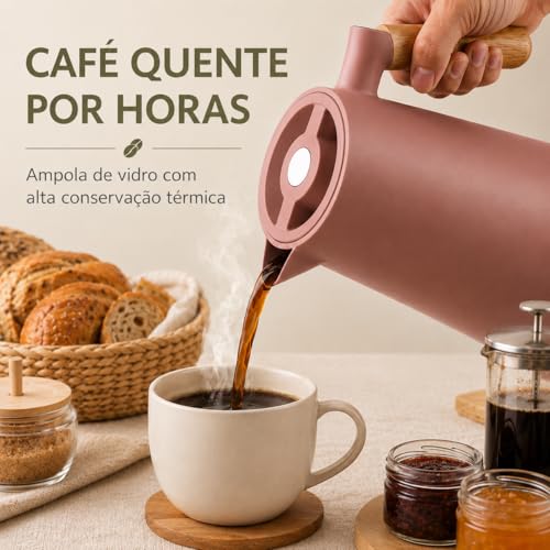 Garrafa Térmica 1 Litro para Café Mesa Posta Premium com Ampola de Vidro Conserva Bebidas Quentes por Mais Tempo Cabo Estilo Bambu Base Antiderrapante Azul Escuro HABITARA HOME