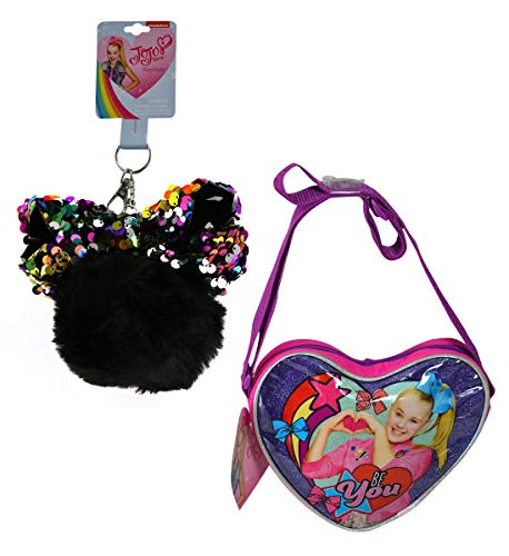Mozlly Value Pack - Nickelodeon JoJo Siwa Heart Shaped Purse and Sequin Fur Pom Pom Keychain - Signature Collection Accessories (2 Items)