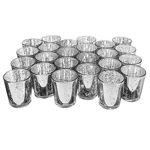 Royal Imports Silver Mercury Glass Votive Candle Holder, Table Centerpiece Tealight Decoration for Elegant Dinner, Party, Wedding, Holiday, Set of 24 (Unfilled)