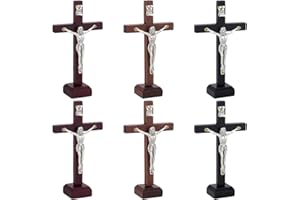 WEBEEDY 6 Pcs Wood Standing Cross with Base, 3 Colors Small Crucifix Wall Cross Christ Wall Hanging Wooden Crosses Stand for 