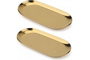 2 Pcs Gold Stainless Steel Tray Set, Oval Serving Platter & Decorative Tray for Coffee Table, Jewelry Dish & Cosmetics Organi