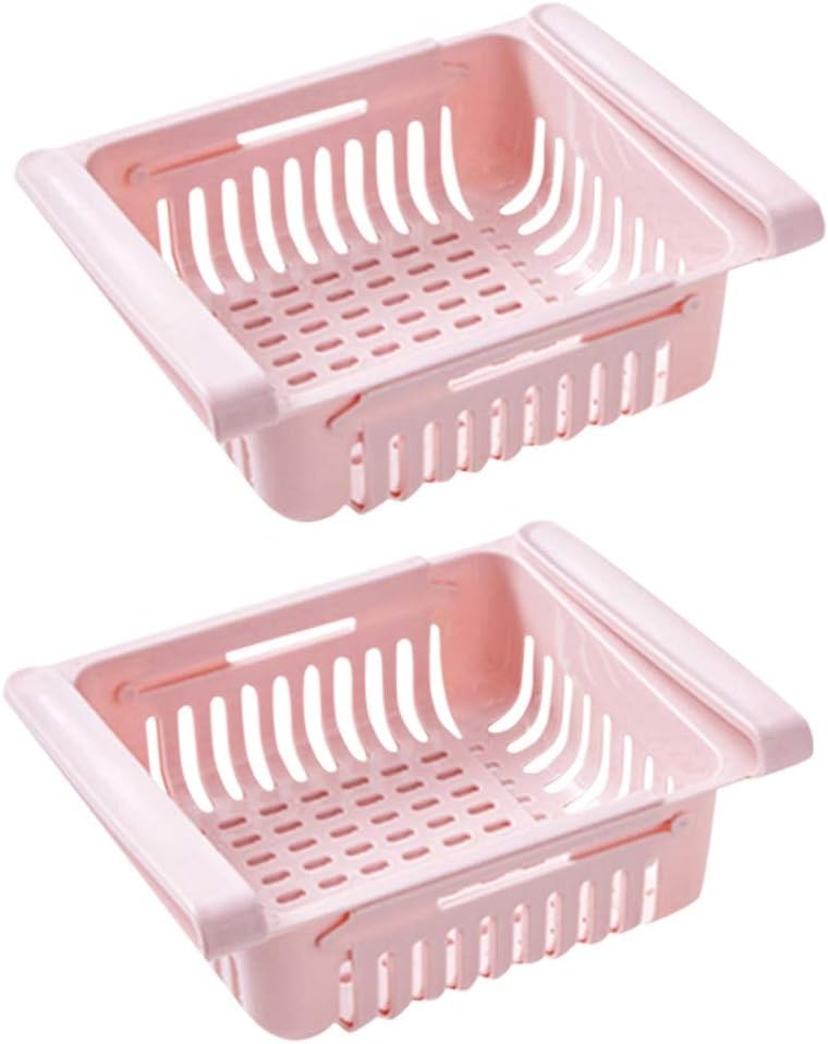 2Pcs Pull-out Refrigerator Storage Box Holder Food Organizer Drawer Shelf Proper Clapboard Shelves (Pink)
