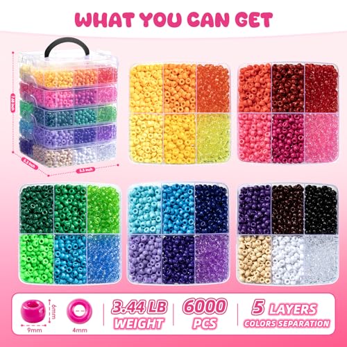 Simetufy 6000Pcs Pony Beads, 30 Colors 6x9MM Kandi Beads Bulk for Crafts Bracelet Making Hair Braiding Jewelry Key Chains DIY Crafts Gifts (3.44lb, Stack Box)