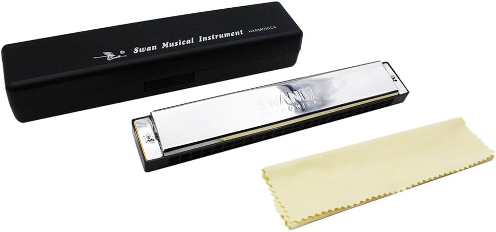 ammoon Swan Tremolo Harmonica Mouth Organ Key of G 24 Double Holes with 48 Rods free Reed Wind Instrument with Case, Cleaning Cloth