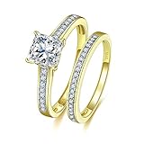 Bonlavie Princess-Cut Cubic Zirconia 18k Gold 925 Sterling Silver Wedding Band Bridal Ring Sets 9