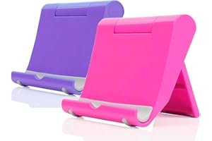 JUSDIQIR Cell Phone Stand for Desk 2 Pack Mobile Phone Holders Desktop Tablet Stand, Foldable Phone Dock Universal Adjustable Tablet Stand for Desk (Pink+Purple)