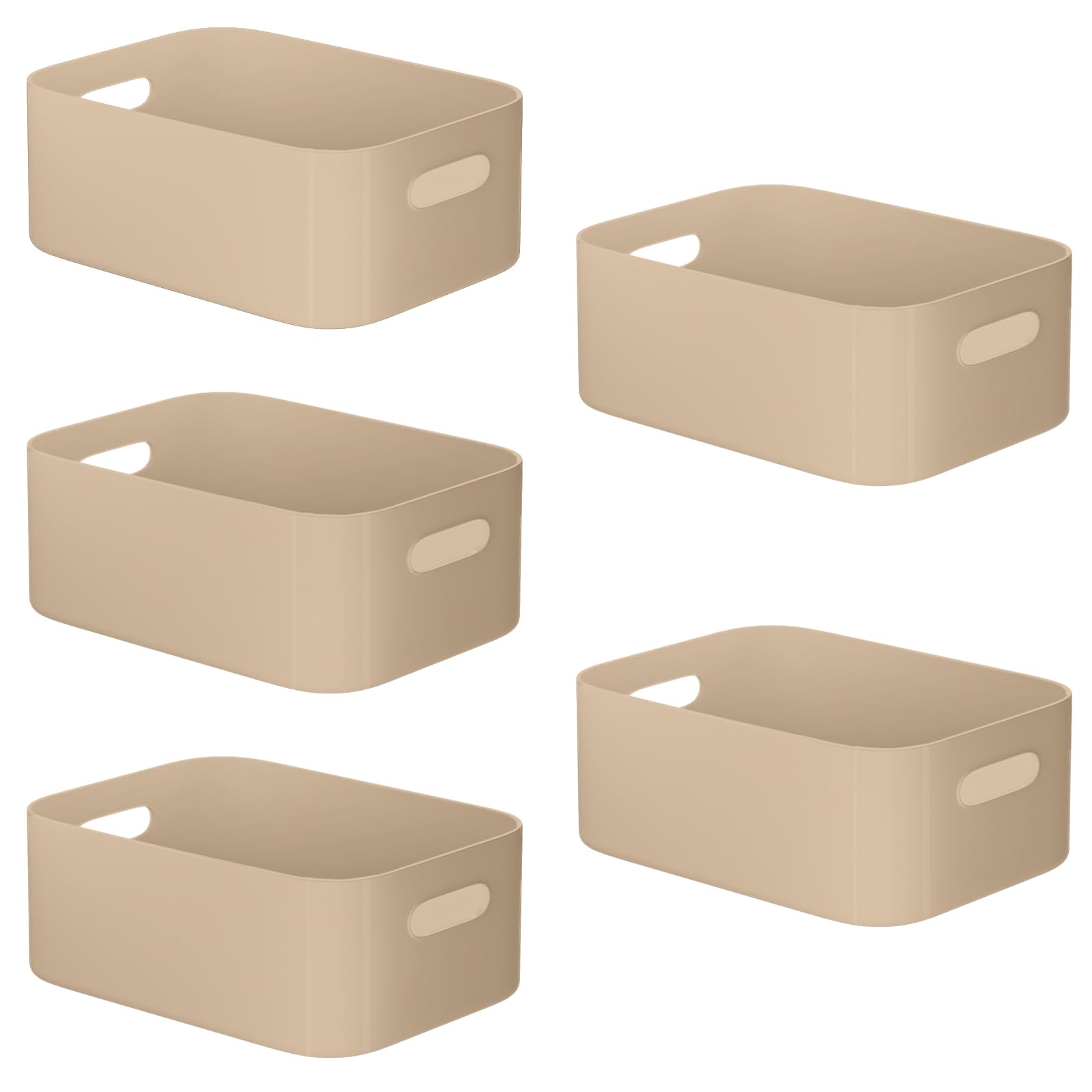 W&H 5 PCS Plastic Storage Baskets, Medium Kitchen Storage Boxes with Handle, Cupboard Organiser Boxes, Plastic Baskets for Shelves, Bathroom, Office, Home - 25×17×10cm (Beige) — image 1