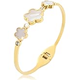 Srazeyo Women's Five Leaf Clover Bracelet 2.44IN Golden Mother of Pearl Three Cinquefoils Spring Bracelet No Color Loss Cuff Bracelet Jewelry