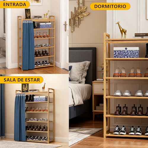 Zapatero de Bambú con Cortina, Diseño Plano de 6 Niveles, con Capacidad para 24 Pares de Zapatos, Cada Nivel Soporta 20 kg, Longitud Total 70 cm.