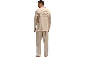 JazJoz Personalised Mens Silk Satin Pajamas Set Long Sleeves Pants Sleepwear Loungewear, Groom Wedding Party Gift