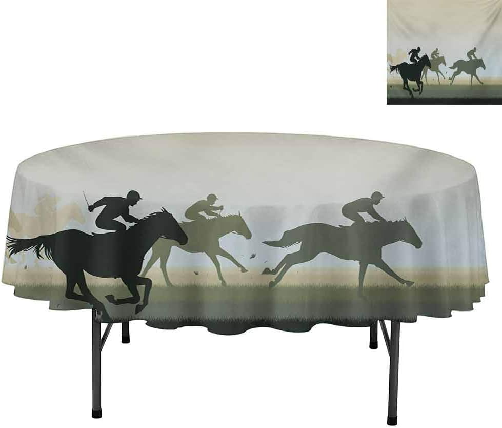 Tablecloths, Sport Theme with Silhouette of a Horse Racing and Riders, Table Cover for Kitchen Dinner Table, Round 54", Beige and Black