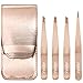 Tweezers Set 4 piece, AMMAX Stainless Steel Slant Tip and Pointed Eyebrow Tweezer Set with PU Leather Pouch, Great Precision for Facial Hair, Ingrown Hair, Splinter and Tick Remover (Rose Gold)