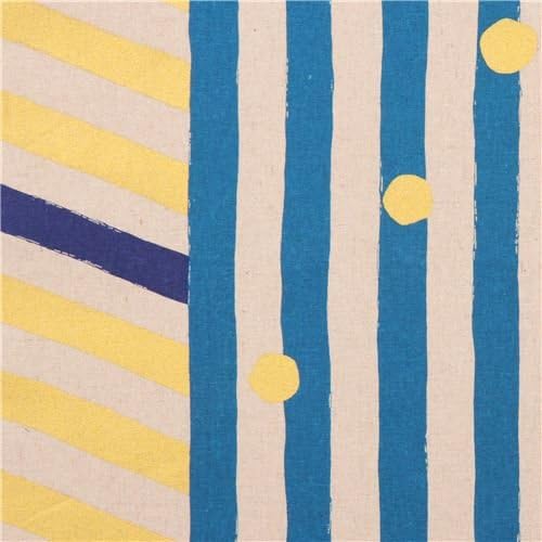 echino natural color canvas laminate fabric blue gold stripe dots from Japan (per 0.5 yard multiples)