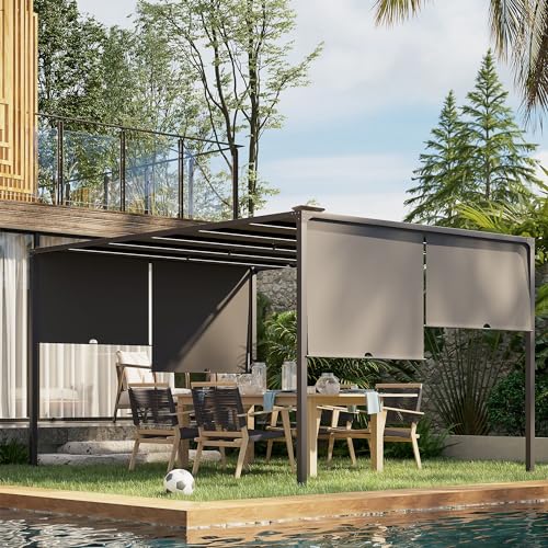 Outsunny 10' x 13' Patio Pergola with Solar Powered LED Lights, Outdoor Metal Pergola with Sun Shade Canopy for Backyard, Garden, Lawn, Dark Grey