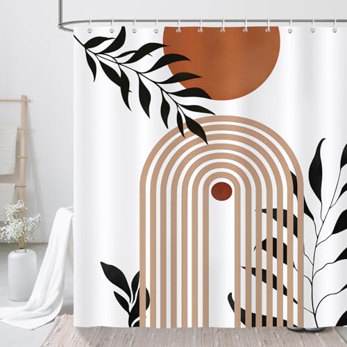 COZZSNUGE Modern Boho Shower Curtain, Abstract Orange Middle Ages Sun Arch Leaves 72 x 72 Inch Polyester Waterproof Mildew Resistant with 12 Hooks