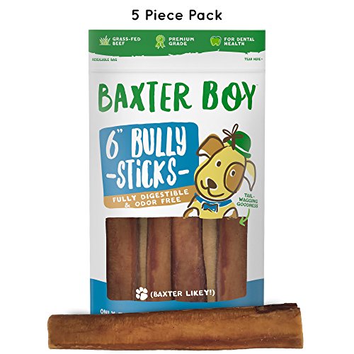Baxter Boy 6-inch Premium Grade Bully Sticks Dog Treats [EXTRA-THICK], (5 Pack) - 6" Long All Natural Gourmet Dog Treat Chews - Fresh and Tasty Beef Flavor - 30% Longer Lasting