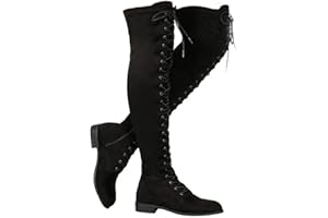 Women's Over The Knee Low Heel Lace Up Tall Boots Winter Suede Combat Riding Thigh High Boots Motorcycle Long Boots