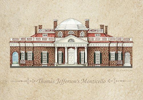 THOMAS JEFFERSON'S MONTICELLO - ARCHITECTURAL RENDERING by CHUCK FISCHER --- WEST ELEVATIONS - Printed on Highest Quality Acid-Free Watercolor Paper -- 14 in. by 20 in.