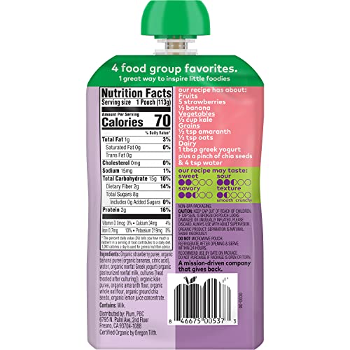 PLUM ORGANICS MIGHTY 4 ORGANIC TODDLER FOOD – STRAWBERRY, BANANA, GREEK YOGURT, KALE, AMARANTH, AND OAT – 4 OZ POUCH – ORGANIC FRUIT AND VEGETABLE TODDLER FOOD POUCH