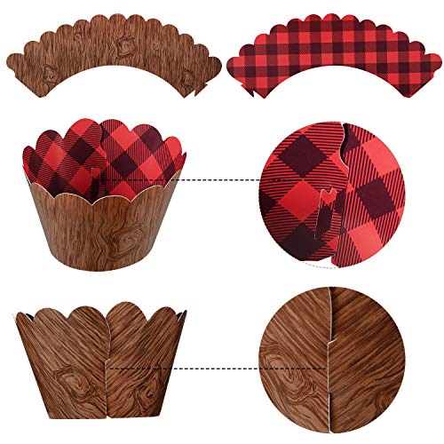 48Pcs Lumberjack Cupcake Toppers & Wood Grain Buffalo Plaid Wrappers