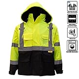 New York Hi-Viz Workwear J8512-XL Men's Ansi Class 3 High Visibility Safety Bomber Jacket With Zipper, PVC Pocket, Black Bottom and Detachable sleeve (Extra Large, Lime)