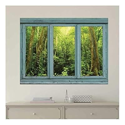 Vintage Teal Window Looking Out Into a Green Jungle - Wall Mural, Removable Sticker, Home Decor - 36x48 inches