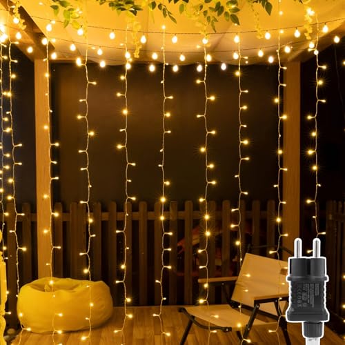 A.bigwhale Curtain Lights Outdoor with Plug, LED Lights Christmas Garlands Luminous 3 x 2 m, 8 Modes Waterfall Light for Indoor Outdoor Wall Decorated Window Wedding Party Birthday Balcony Garden