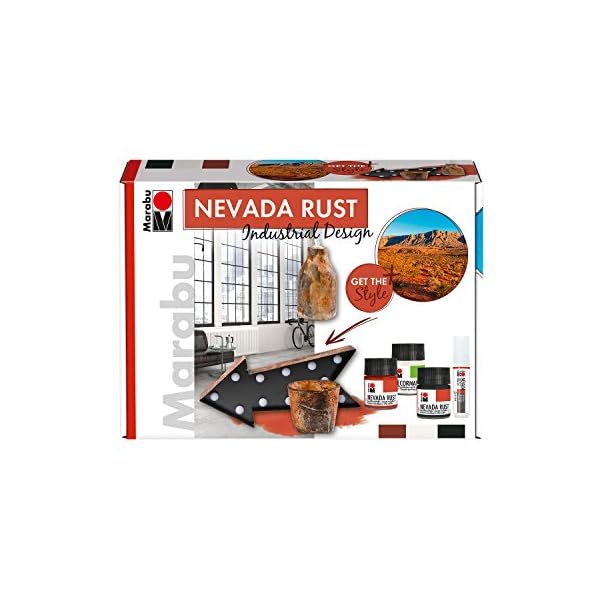 Marabu 1271000000080 - Acryl Rosteffektfarbe im Set, Nevada Rust Industrial Design, auf Wasserbasis, lichtecht, wetterfest, schnell trocknend, 3 x 50 ml Farbe, Liner, Schwamm und Pinsel
