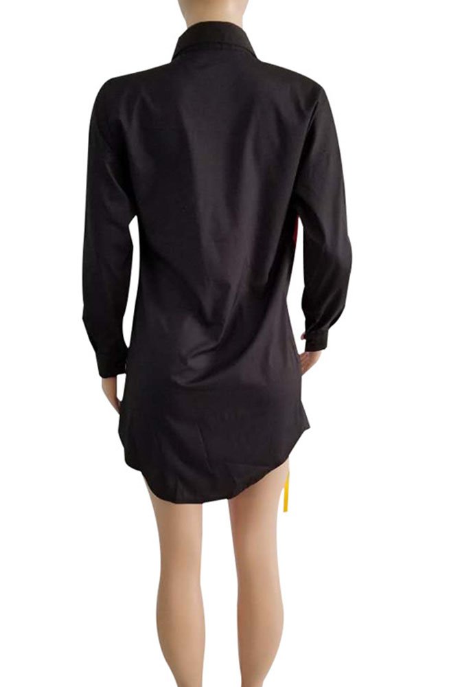 Dreamparis Womens Sexy Button Down Blouse Long Sleeve Print Tassel Shirt Dress Tunic Tops Black M