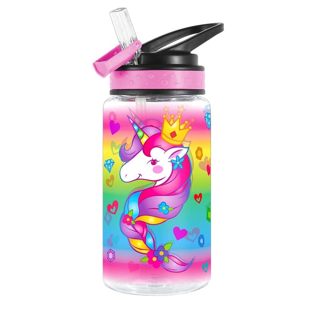 Home Tune Cute Water Bottle for Girls Boys, Unique Design, Leak Proof, Straw Lid, Easy Clean, BPA Free, 450ml - Unicorn