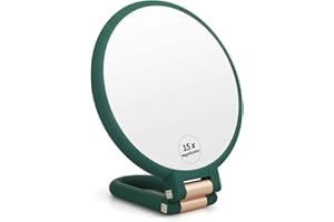 FUHUIM 1x 15x Magnifying Handheld Mirror, Double Sided Pedestal Magnification and True Image Makeup Mirror, Compact Size and Portable Vanity Cosmetic Mirror for Girl (Army Green)
