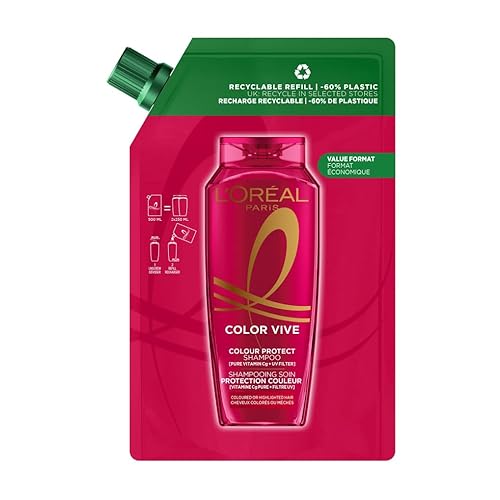 L'Oréal Paris Elvive Colour Protect Shampoo Refill Pouch, with Pure Vitamin Cg and UV filters, for Coloured & Highlighted Hair, Suitable for all hair textures, -60% less plastic, Value format, 500ml