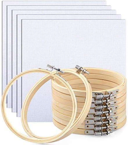 Embroidery Hoops Set, Bulk 10pcs 5'' Bamboo Adjustable Circle Cross Stitch Hoop Round Ring with 5pcs Cotton Yarn Cross Stitch Fabric for Embroidery Beginner, Crafts Projects
