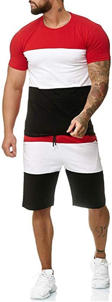 Men's Summer Sports Tracksuits Casual Block Colour Short T Shirts + Shorts 2 Piece Set Gym Running Jogging Jumper Quick Dry Soft Stretch Sportsuits (Choose 1-2 Size up Would be Better)