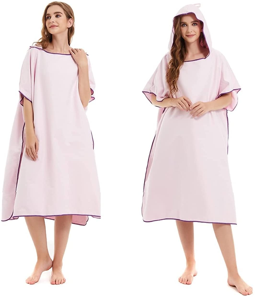 Seogva Changing Robe with Hood for Surfing Swimming, Towel Poncho and Robe Towel in One, Microfibre Quick Dry Poncho Towel Dressing Gown Extra Long, One Size fits Men & Women (Pink)
