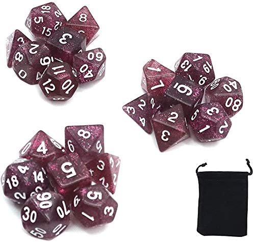 DollaTek Glitter Point Polyhedral Dice Set Table Games Dice 3 Sets Dice 3 x 7 (21 Pieces) Die Series D20 D12 D10 D8 D6 D4 DND dice DND RPG MTG Double Colors One Piece (Red)