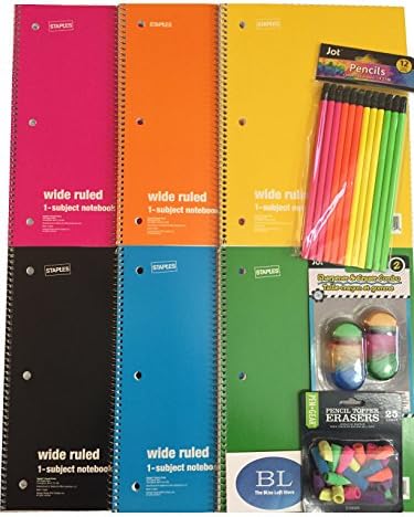 1 Subject Spiral Notebook Wide Ruled 70 Sheets (6Pack) Neon Colored Pencils, Pencil Cap Erasers and Pencil Sharpener With Build-In Eraser Bundle