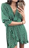 Jaycargogo Womens Wrap V-Neck Short Sleeve Ruffle Polka Dot Mini Dress Green XS