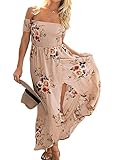 ZESICA Women's Off the Shoulder Floral Print Split Beach Party Maxi Dress,Pink,X-Large