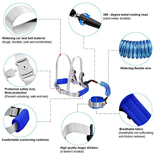 OFUN Toddler Leash for Walking, Toddler Safety Harness 2 in 1 Kids Anti Lost Wrist Link, Safety Harness with Lock, 8.2ft Dark Blue