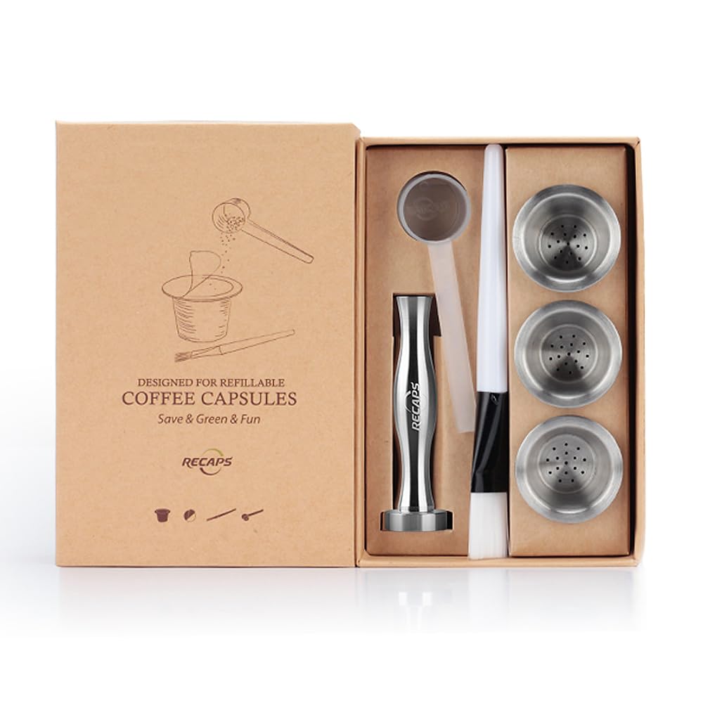 RECAPS Stainless Steel Refillable Filters Reusable Pods Compatible with Nespresso Original Line Machine BUT NOT All (3 Pods+120 Lids+1 Tamper)