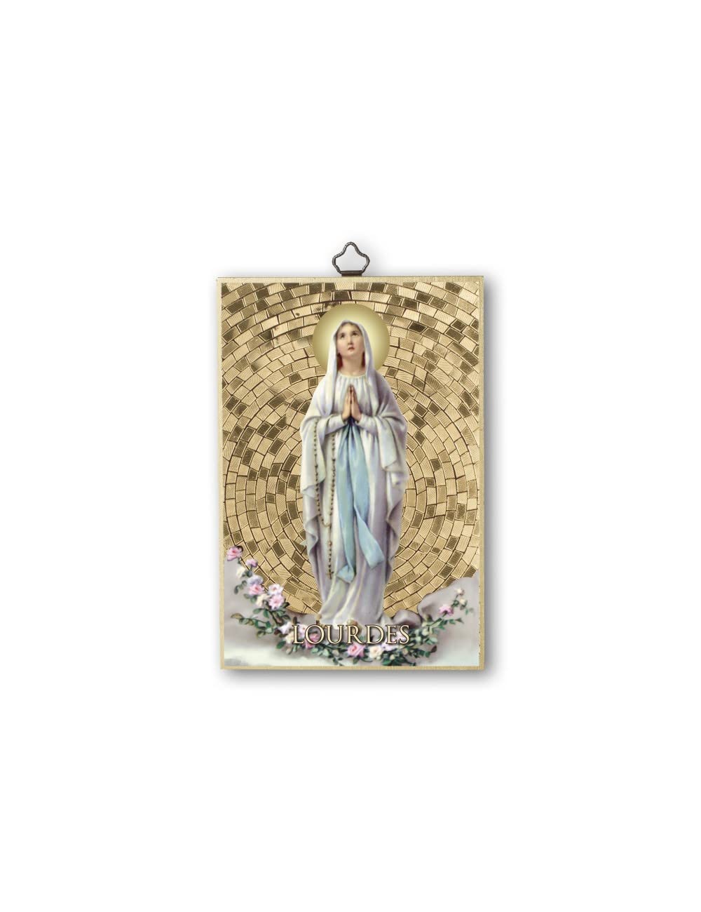 BONELLA BROTHERS Bonella Brothers | Sacred painting on 8mm poplar MDF wood with gold foil mosaic of Our Lady of Lourdes with Prayer on the back 10 x 15 cm | Made in Italy