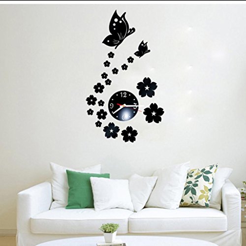 Wall Clocksï¼ŒPocciol Butterfly Removable Diy Acrylic Modern Decorative 3D Mirror Wall Sticker Decorative Clock (BK)