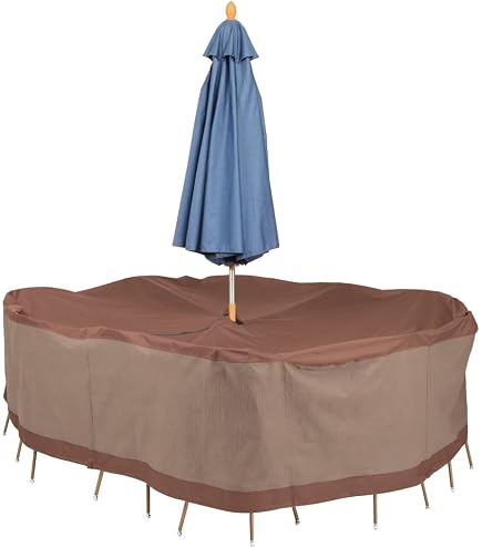 Covermates Prestige Rectangular Outdoor Dining Table Cover with Umbrella Hole – All-Weather Water-Resistant Polyester Patio Furniture Cover with Mesh Vents, with Umbrella Hole 72W x 42D x 25H, Stone