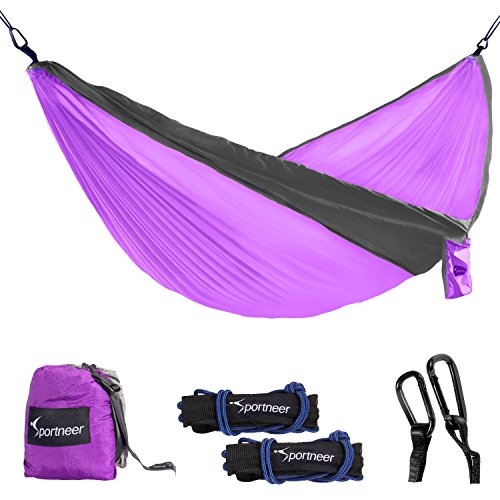 Sportneer Portable Double Hammock Parachute Nylon Fabric Wide Hammock with Tree Straps, Carabiners & Ropes For Backpacking, Camping, Travel,Yard, Purple