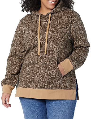 AMAZON ESSENTIALS WOMEN’S FLEECE HOODED TUNIC SWEATSHIRT, CAMEL CHEETAH, X-SMALL