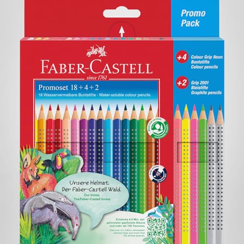 Faber-Castell 201540 - Color Grip 18 + 4 + 2 promotion set | Ergonomic and shatterproof colouring pencils including 4 neon colours and 2 pencils, for children and adults